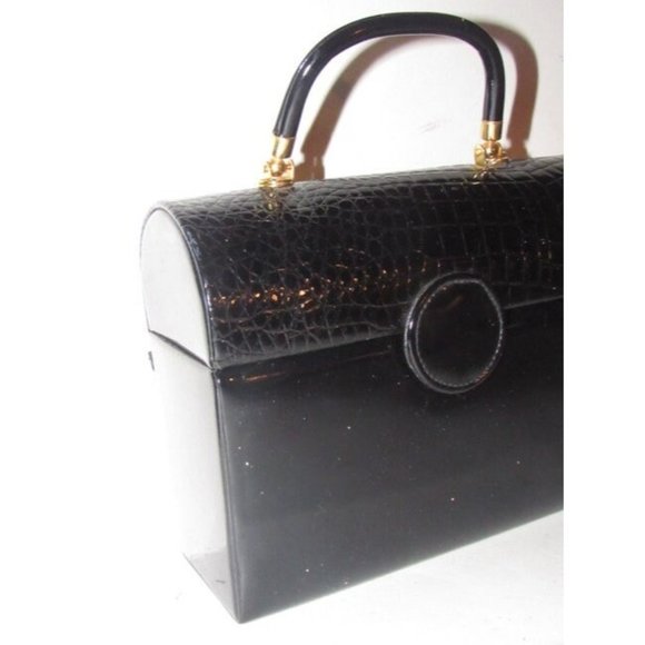 La Regale Vintage Black Lucite and Black Patent Leather Top Handle Bag - Picture 2 of 10